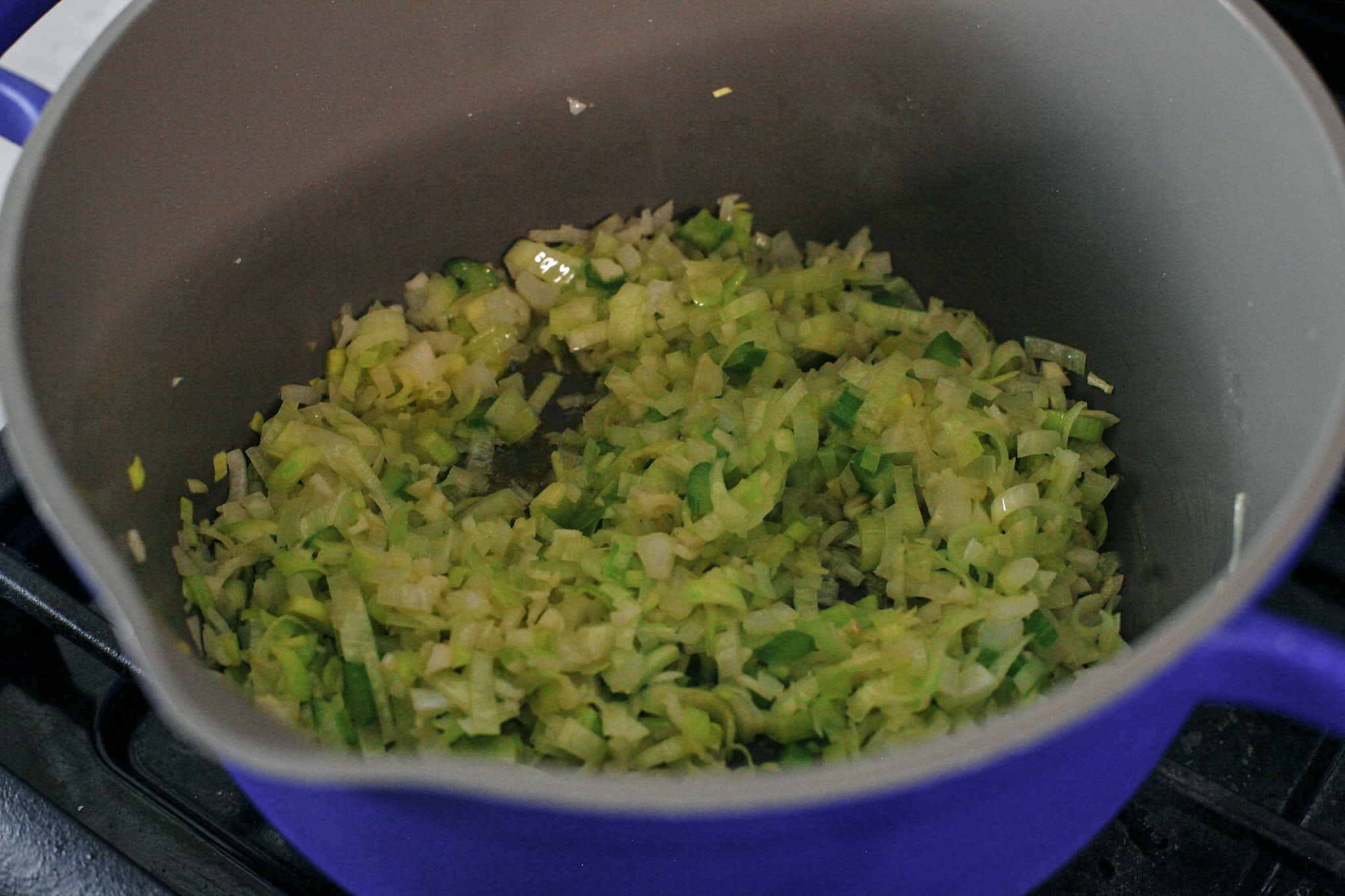 leek, onion, garlic and celery sautéeing