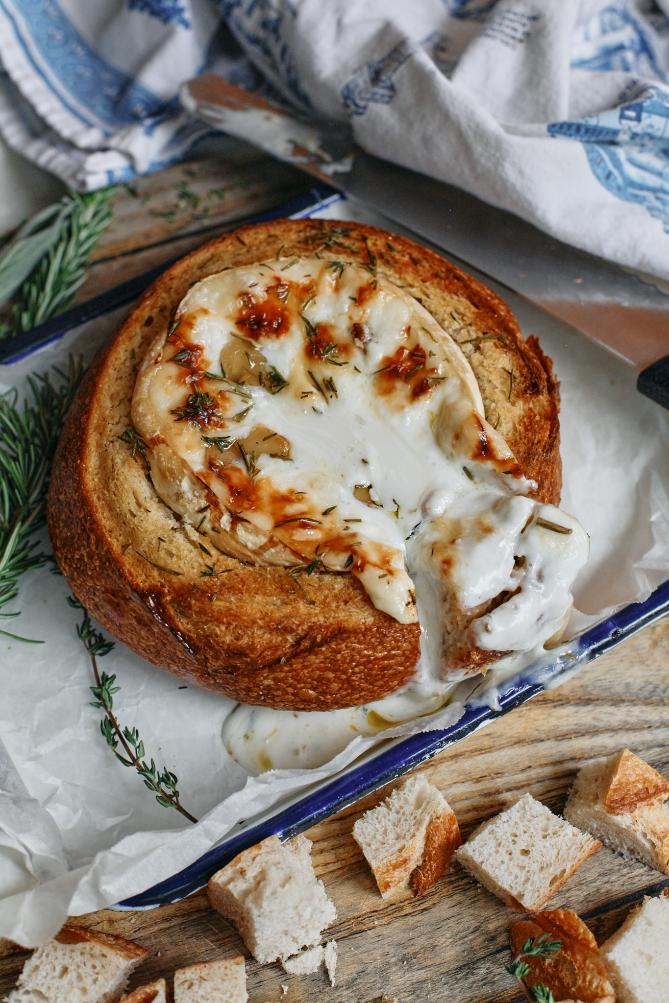 garlic confit baked brie in sourdough
