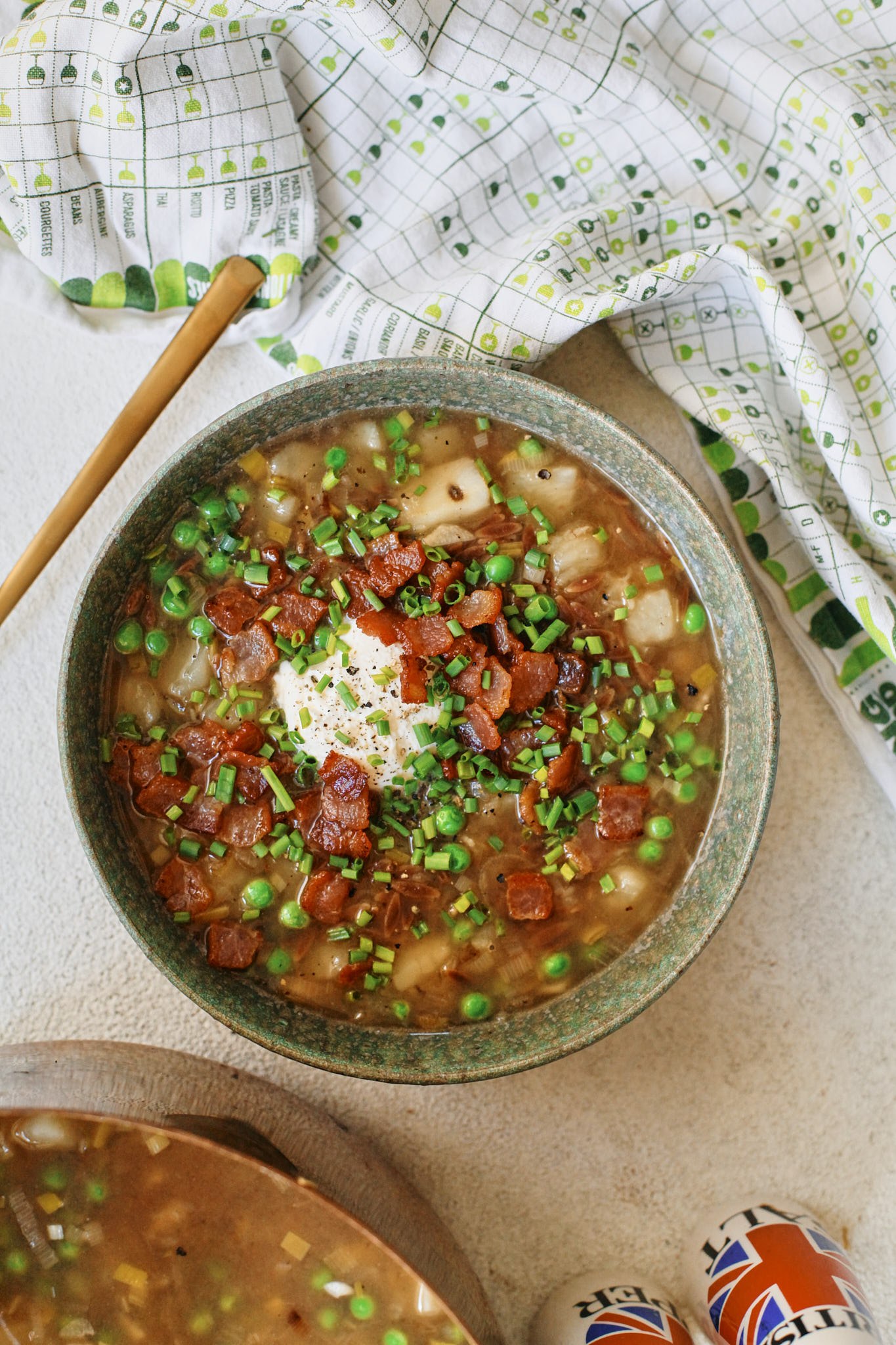 toasted orzo potato leek soup with peas, bacon, chives and creme fraiche