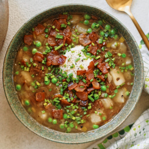 toasted orzo potato leek soup with peas, bacon, chives and creme fraiche
