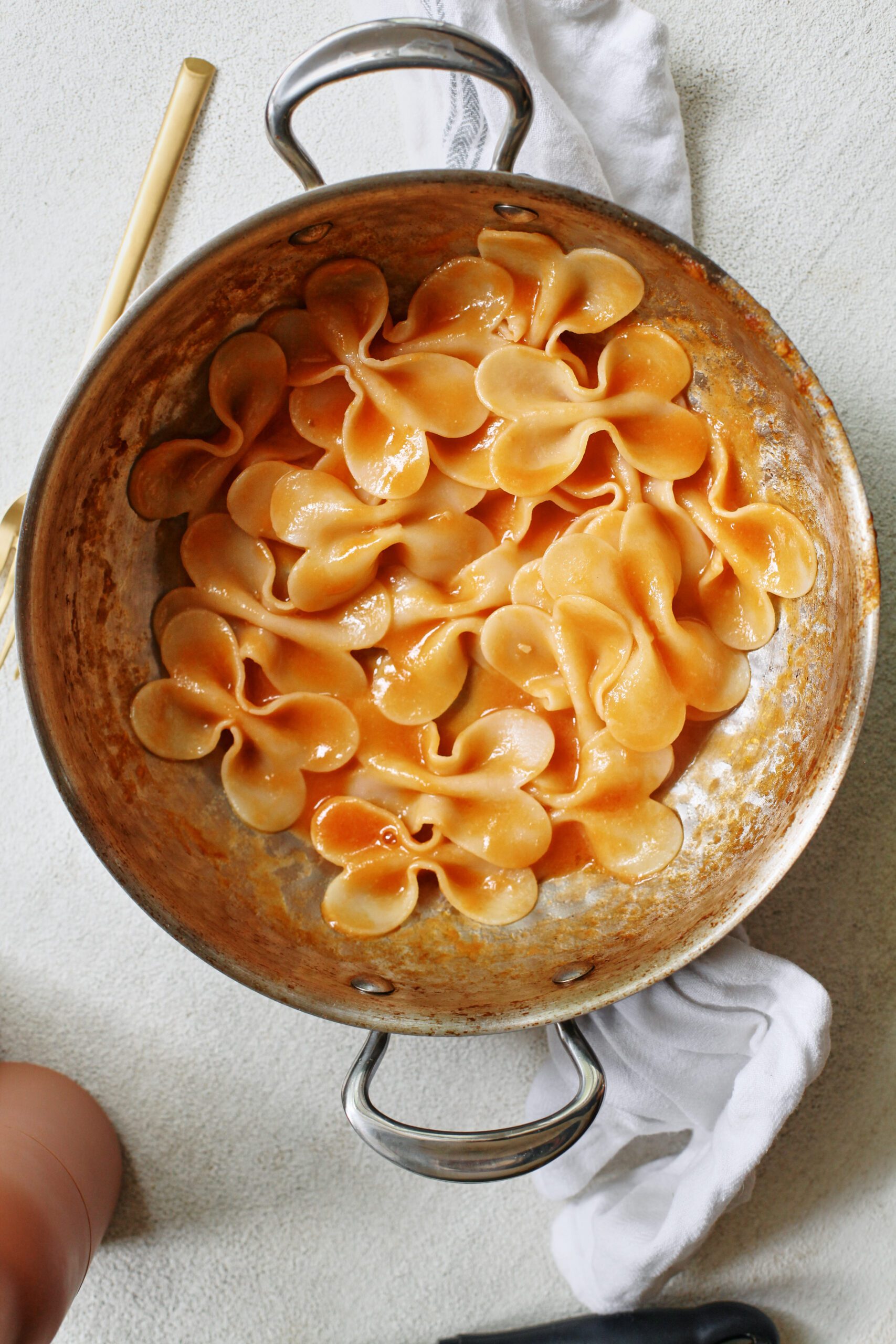 single serve tomato pasta in a pan