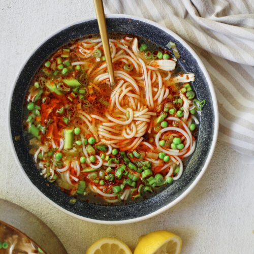 spring ginger chicken noodle soup with aunt lily's chili oil on top