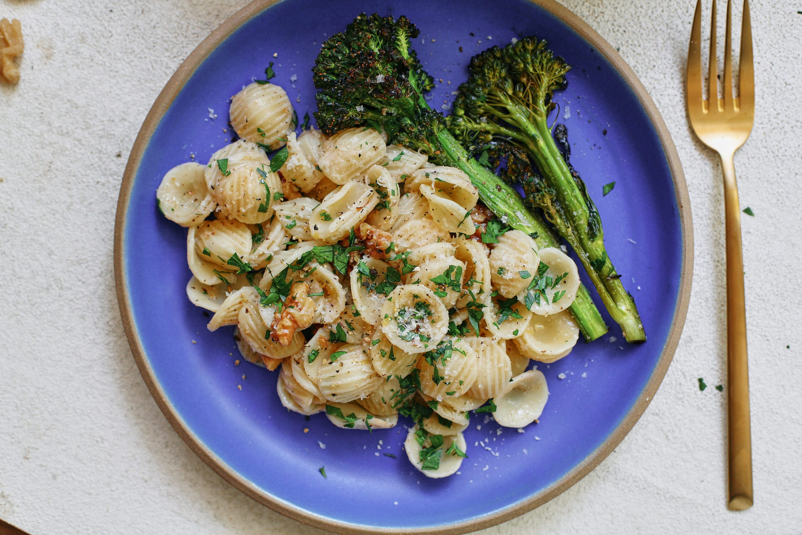 brown butter walnut pasta with lemon and broccolini