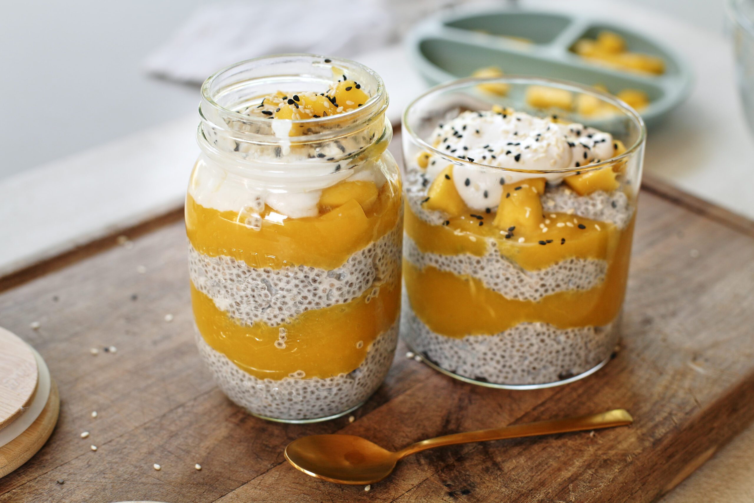 Two Jars of Mango Chia Pudding with Coconut whip