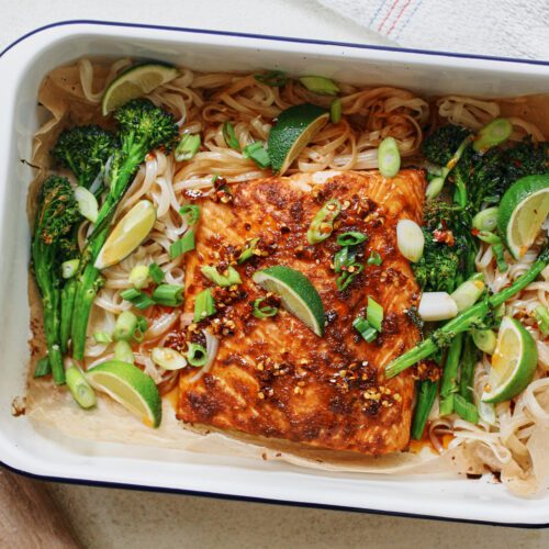 sheet pan sticky salmon and noodles with broccolini