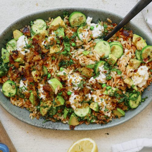 toasted orzo pasta salad with greens, burrata and garlic breadcrumbs