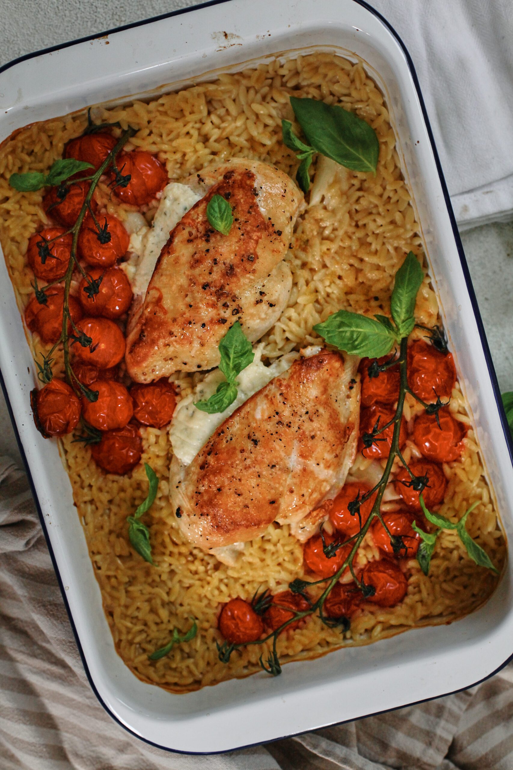 Boursin-Stuffed Chicken with Orzo and Tomatoes