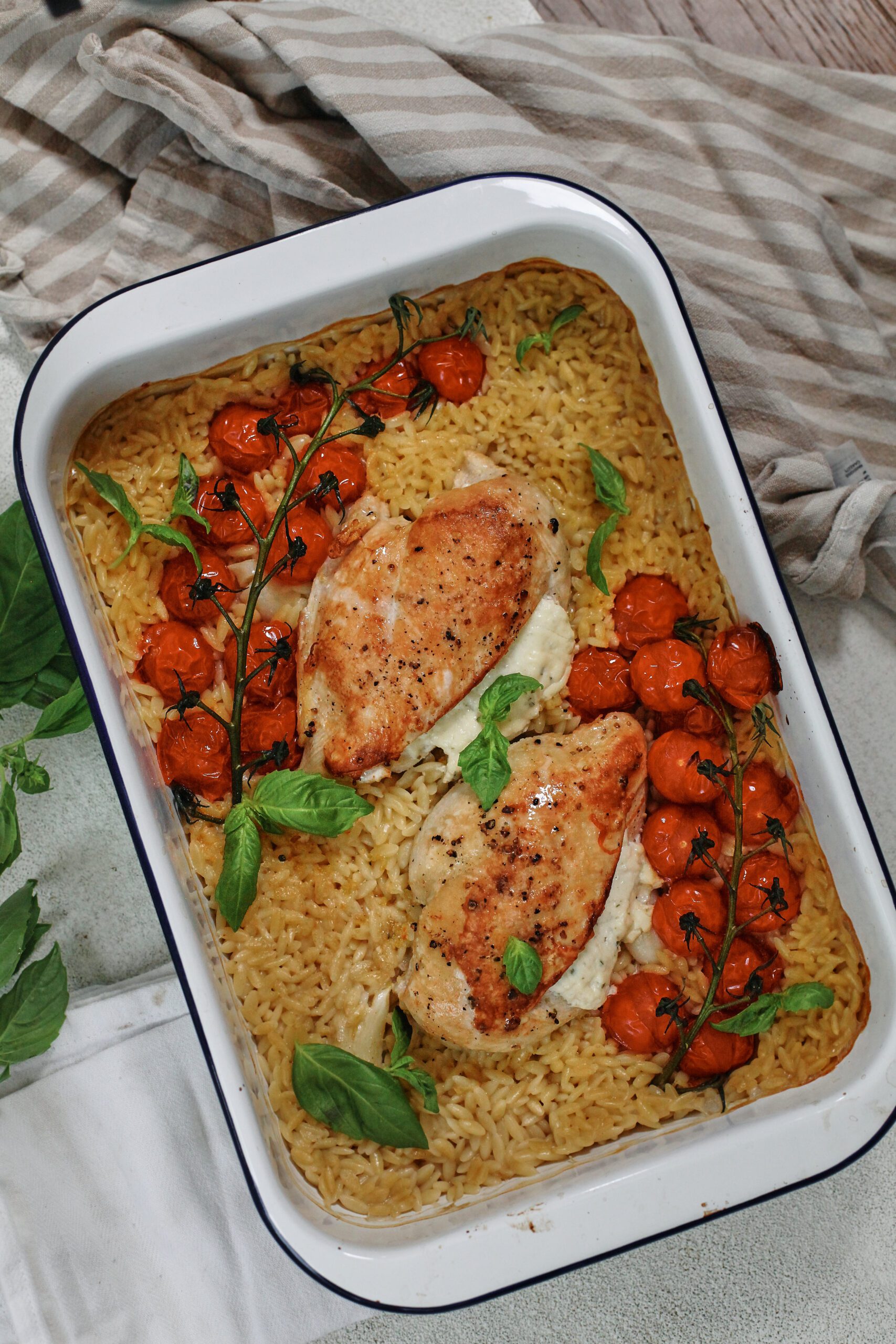 Boursin-Stuffed Chicken with Orzo and Tomatoes