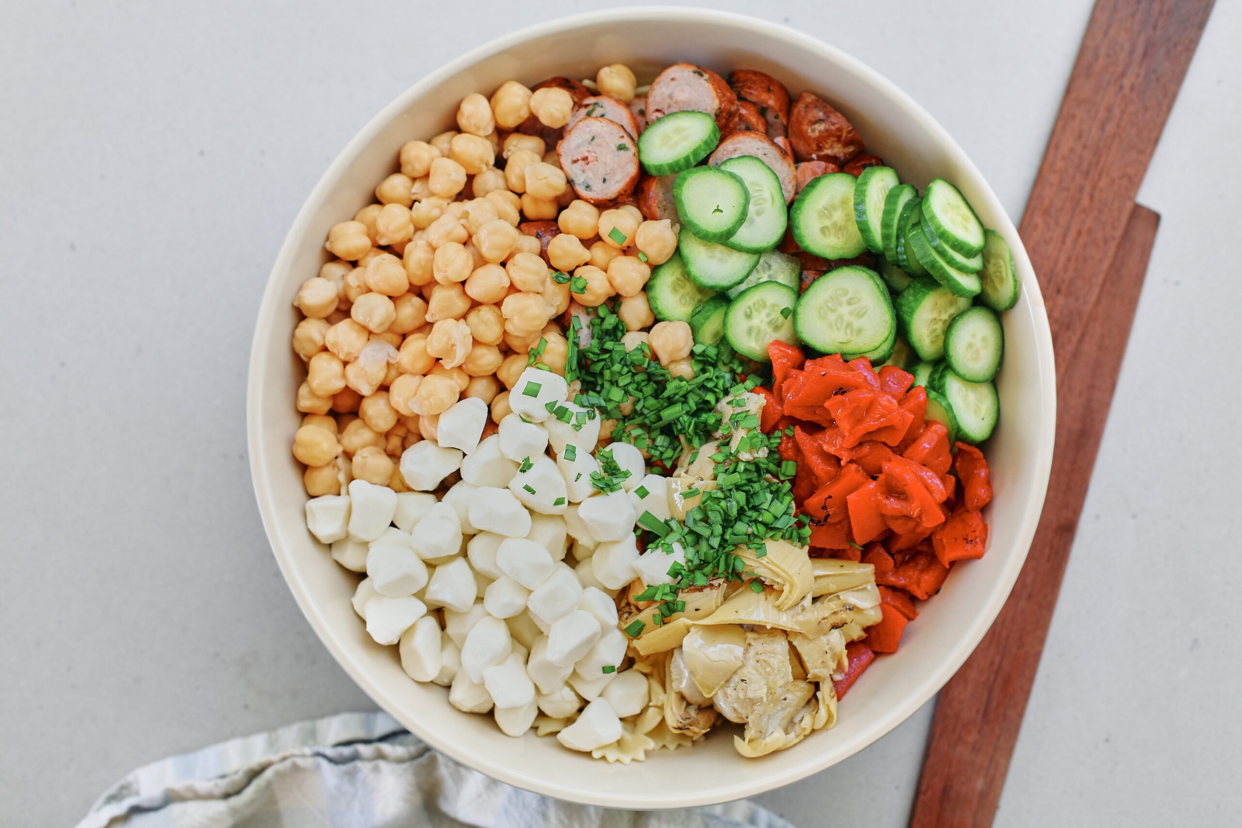 assembled high protein pasta salad in a large bowl