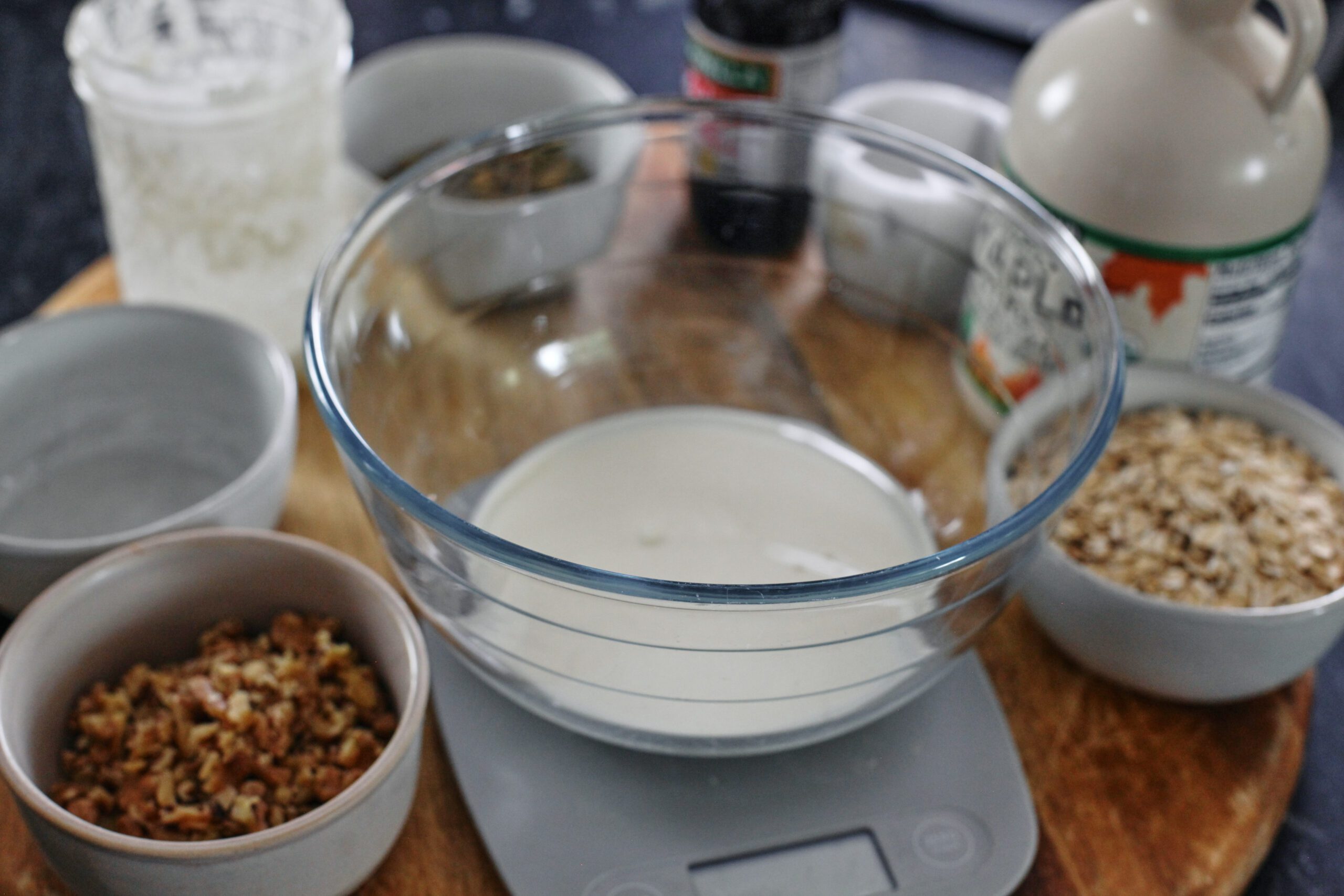 ingredients and mixing bowl prepped to make sourdough discard granola