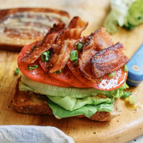 BLT sandwich assembled without the top piece of bread