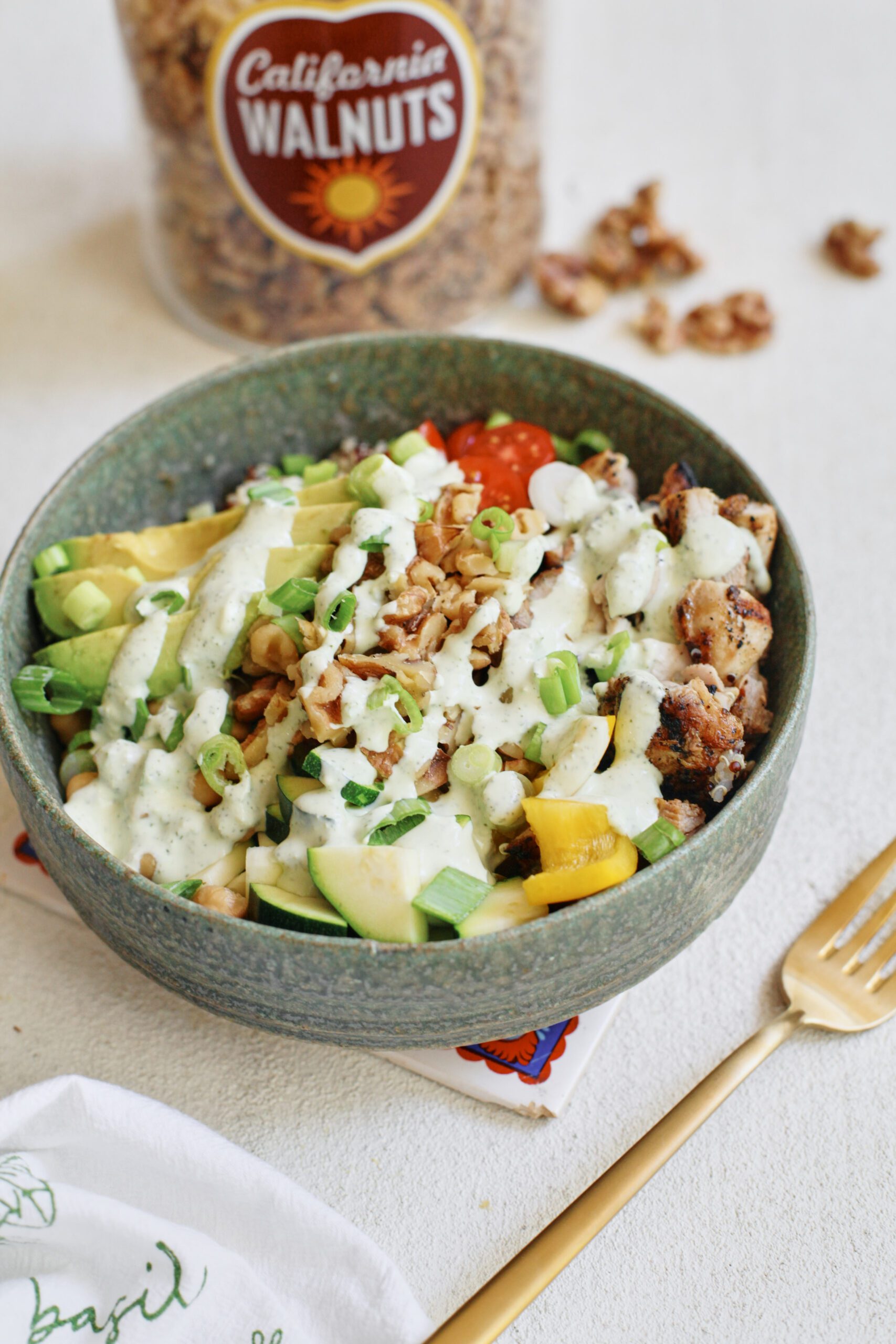 high protein grain bowl with garlic herb yogurt sauce