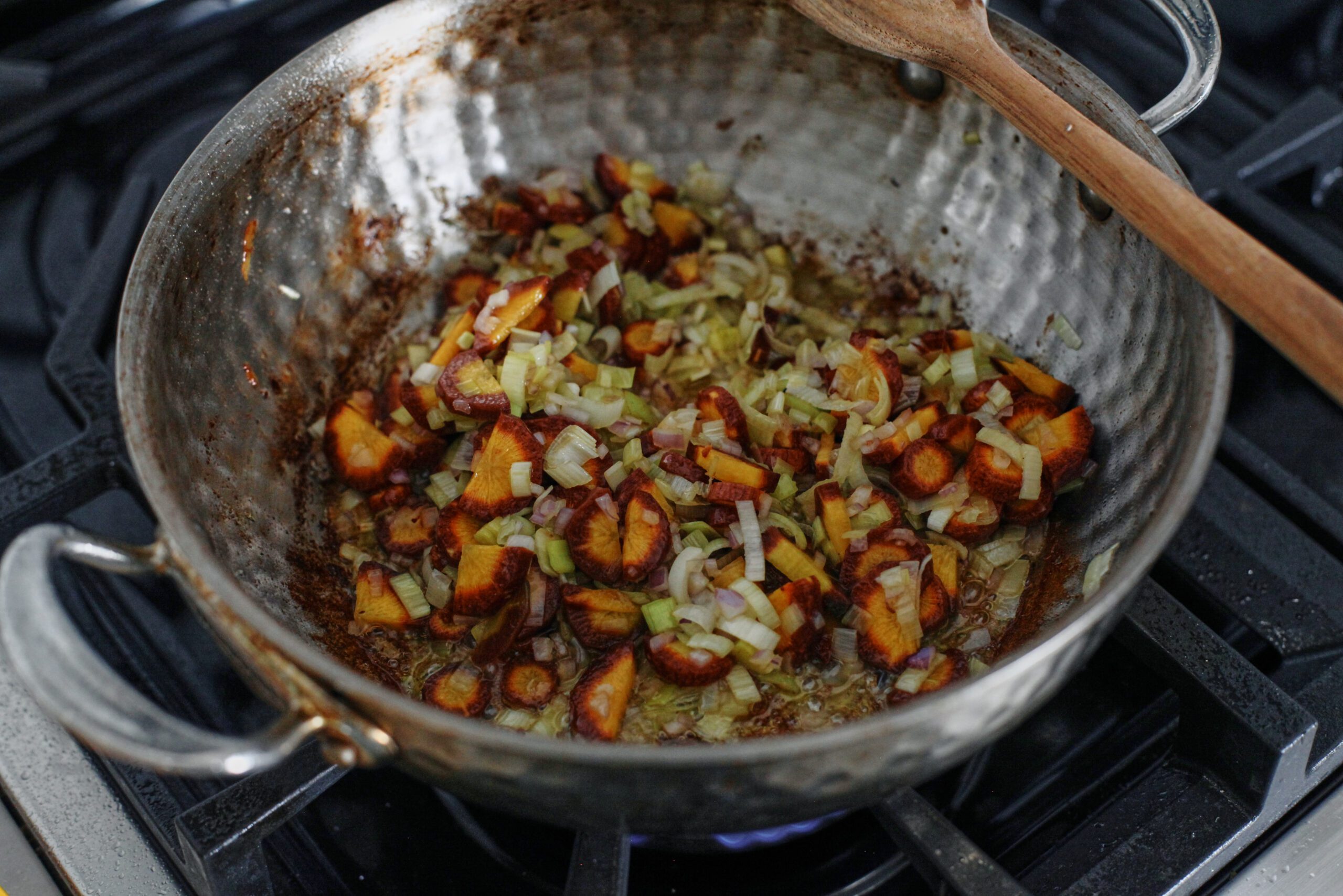 Coq au Vin Blanc 4 all of the mise en place sautéeing in the skillet