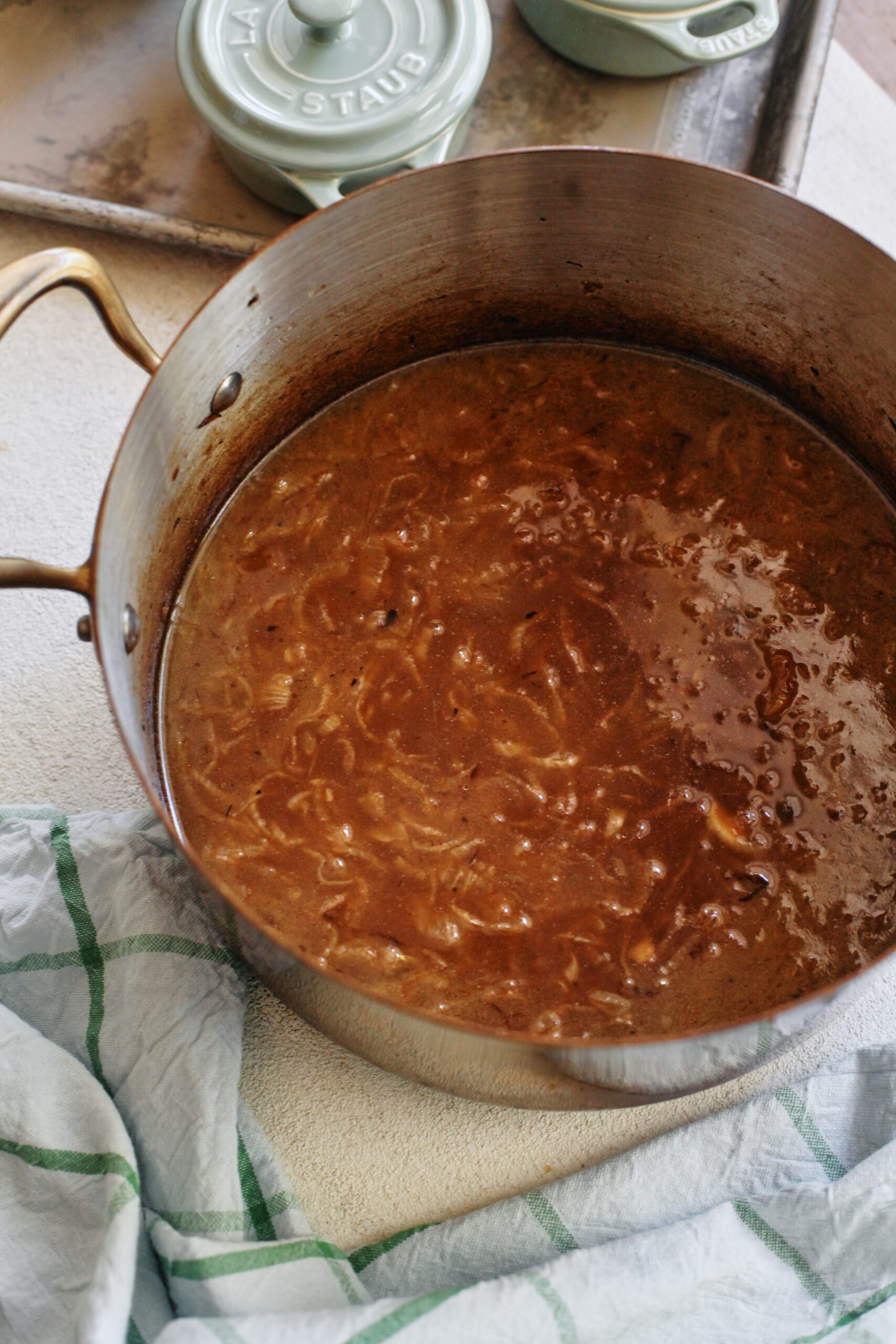 french onion soup in a large pot