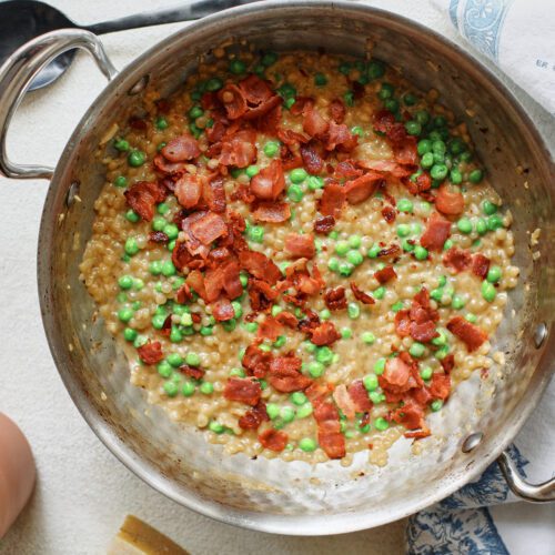pearl couscous with bacon & peas in a large sauté pan before serving