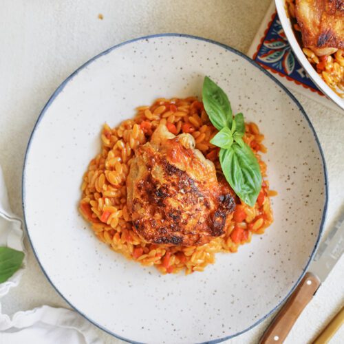 crispy chicken thighs with roasted red pepper orzo